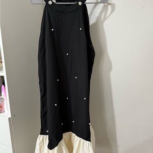 SHEIN Black and Cream Midi Skirt with Pearl Accents